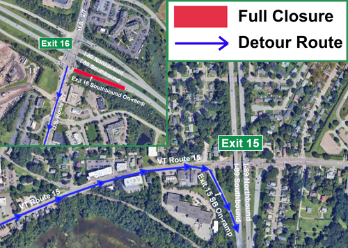 During the closure, U.S. Route 2/7 traffic seeking to turn onto I-89 southbound at Exit 16 will be detoured to Exit 15 in Winooski.