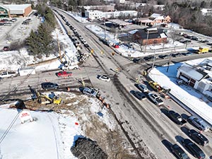 Aerial view of construction progress in December 2025. Traffic signal work at the intersection of U.S. 2/7 and Mountain View Drive.