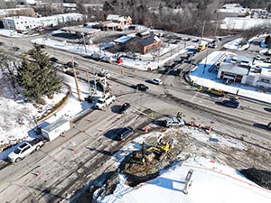 Aerial view of construction progress in December 2025. Traffic signal work at the intersection of U.S. 2/7 and Mountain View Drive.