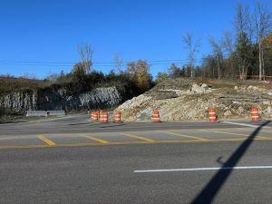A view of mats in place along the west side of U.S. 2/7 near the I-89 Exit 16 northbound on-ramp prior to a blasting event.